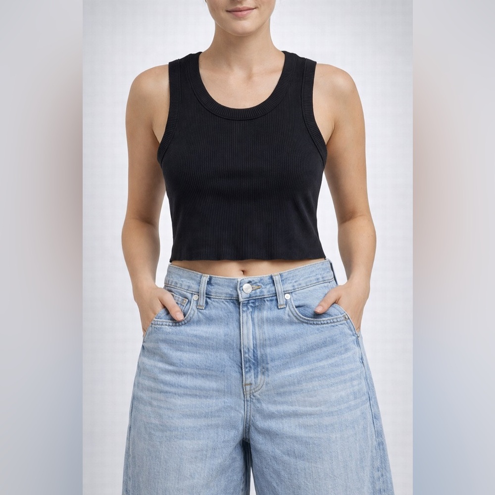 AGOLDE Poppy Ribbed Stretch Crop Tank Top Raw Hem Black Womens Size L